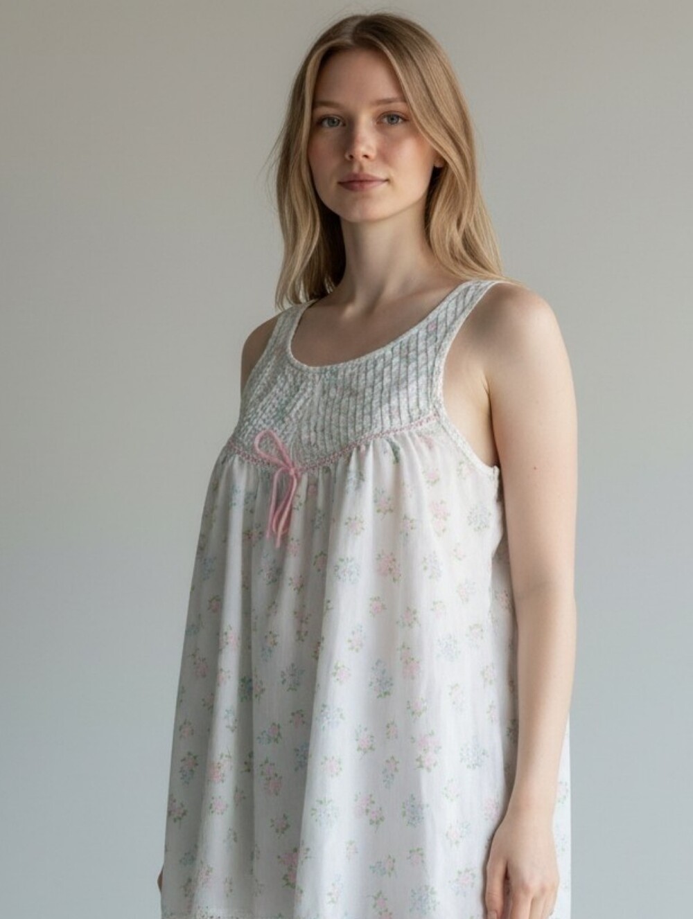 Vintage Night Gown Top White Floral & Pink Ribbon Trim Sleeveless Cotton Light